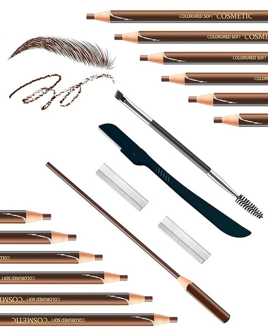 12 Piece Waterproof Eyebrow Pencils for Women Brown w/Microblading Eyebrow Pencil & Brow Trimming Supplies Kit Permanent Eye Brow Liners Set For Salon-Quality Shaping & Filling Of Marks