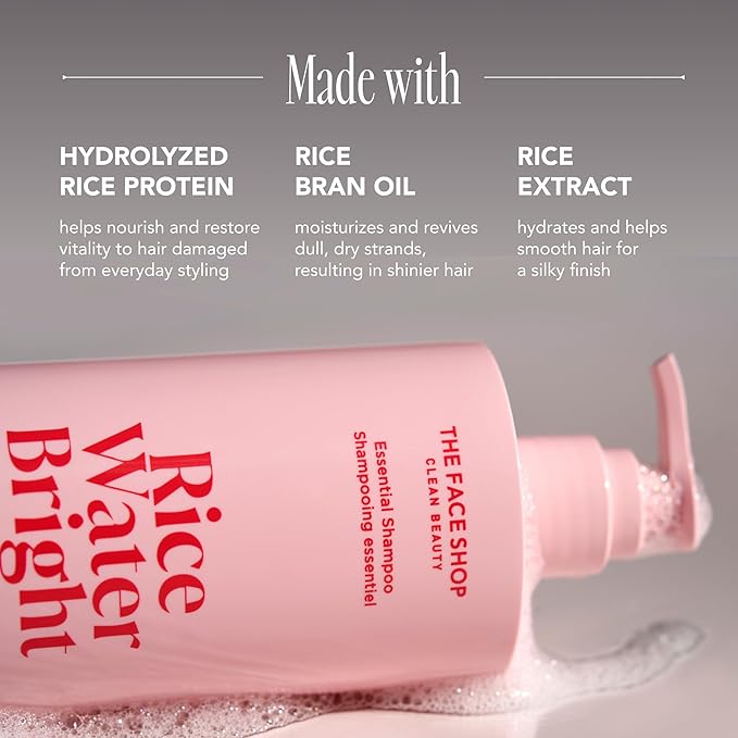 THE FACE SHOP Rice Water Bright Essential Shampoo, Rice Protein Shampoo with Rice Extract, Anti-Hair Loss, Korean Shampoo for Silky and Healthy Hair, Sulfate Free