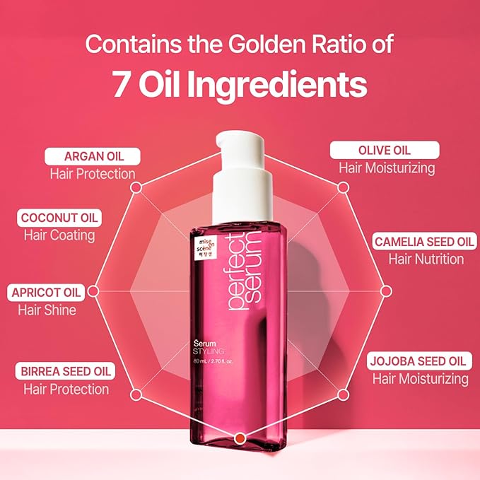Mise En Scene Perfect Serum Styling - Heat Damage Protection Oil for All Hair Types | Holding Bounce & Heat Protectant | Hair Essence for Long Lasting Curl | Argan Oil | Powdery Scent. 2.70 Fl. Oz.