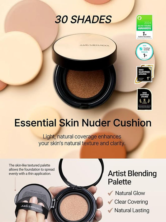 JUNG SAEM MOOL Essential Skin Nuder Cushion 34W Hazelnut 0.49 Fl Oz, No Refill, Natural Radiant Finish Cushion Foundation with Buildable Coverage, Lightweight Texture, Korean Foundation Makeup