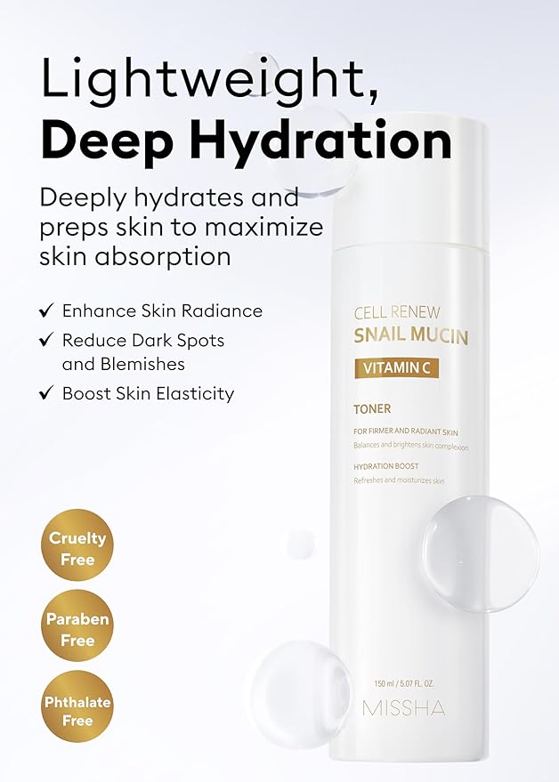 MISSHA Cell Renew Snail Mucin Vitamin C Toner 5.07 Fl oz - Korean Skincare Facial Toner for Glass Skin, 90% Snail Mucin Vita Complex, Deep Hydration, Improves Skin Texture, Paraben Free