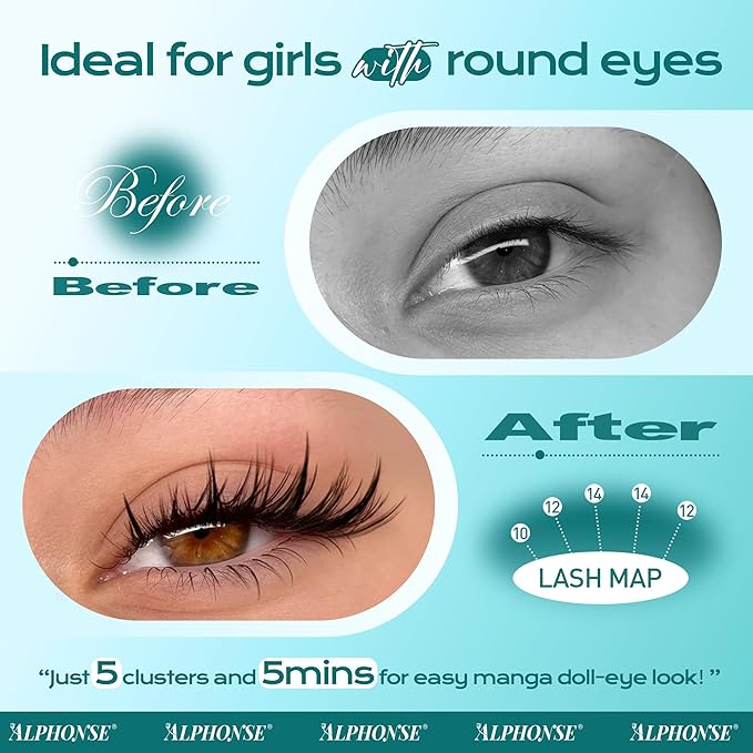 Manga Lash Clusters Kit Wispy Eyelash Clusters Spiky Lash Extension Kit 10-14mm Cluster Eyelash Extensions Anime Eyelashes Clusters C Curly Individual lashes with Bond and Seal, Tweezers by ALPHONSE