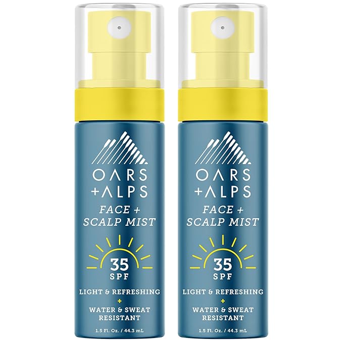 Oars + Alps Face & Scalp Sunscreen Spray Mist, SPF 35 Facial & Hair Sunscreen, Protects from Blue Light, Infused with Aloe Vera + Cucumber, Water & Sweat Resistant, Summer Splash Scent, 2pk