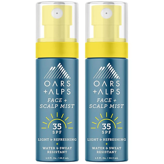 Oars + Alps Face & Scalp Sunscreen Spray Mist, SPF 35 Facial & Hair Sunscreen, Protects from Blue Light, Infused with Aloe Vera + Cucumber, Water & Sweat Resistant, Summer Splash Scent, 2pk