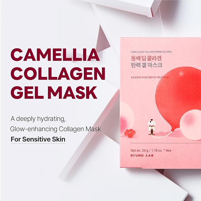 ROUND LAB Birch Juice Moisturizing UVLock Sunscreen+Camellia Deep Collagen Firming Mask 4ea Set | collagen mask, glass skin, SPF45 sunscreen, hydration, korean sunscreen
