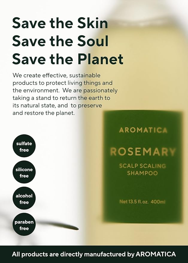 AROMATICA Rosemary Scalp Scaling Shampoo - Korean Hair Care with Thinning Hair Loss Natural Rosemary Essential Oil for Women - Vegan Hair Growth - Free from Sulfate, Silicone, and Paraben (13.53 oz)