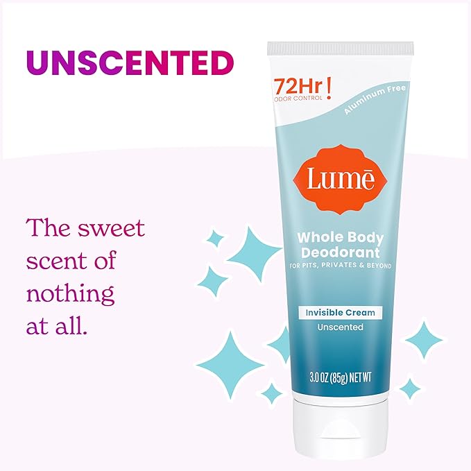 Lume Whole Body Deodorant - Invisible Cream Tube - 72 Hour Odor Control - Aluminum Free, Baking Soda Free, Skin Safe - 3.0 ounce (Unscented)