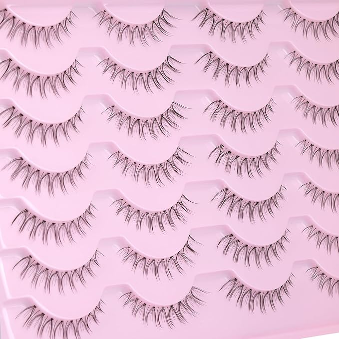 False Lashes Natural Look Short False Eyelashes Wispy 100% Handmade Clear Band Lashes Cat Eye Korean Faux Mink Strip Eyelashes Pack 14 Pairs