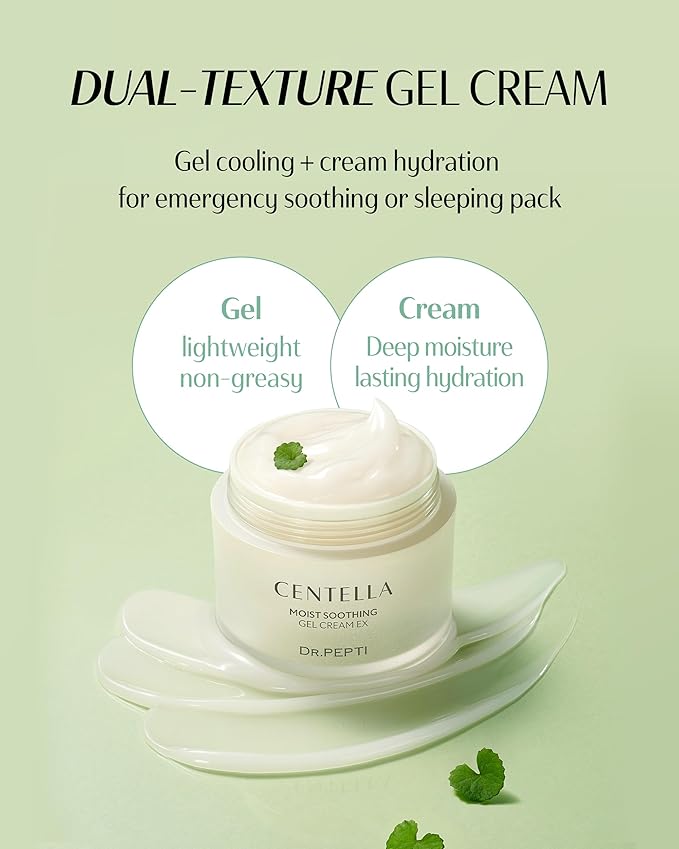 dr.pepti Centella Moist Soothing Gel Cream EX - Korean Face Moisturizer Cooling Hydrating for Sensitive Irritated Skin - Hyaluronic Acid Peptides Ceramide Makeup Booster Cream, 2.37 fl.oz