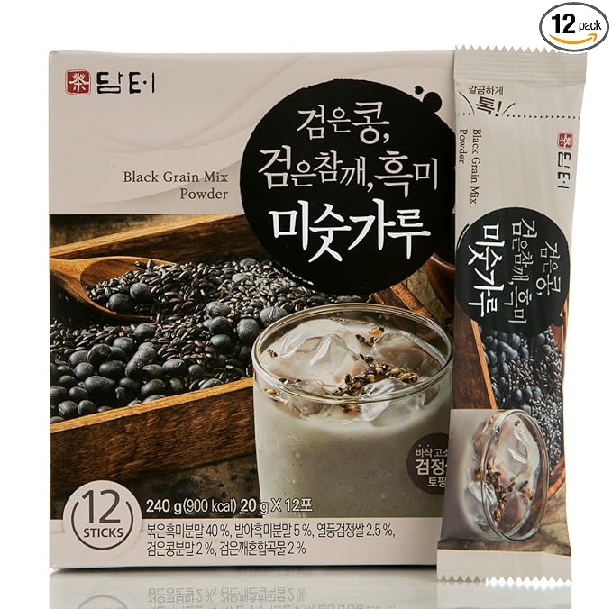 Damtuh Misugaru – Korean Black Mixed Grain Powder Drink, Traditional Multigrain Meal Replacement Shake with Black Rice, Black Beans & Sesame, 20g x 12 Sticks