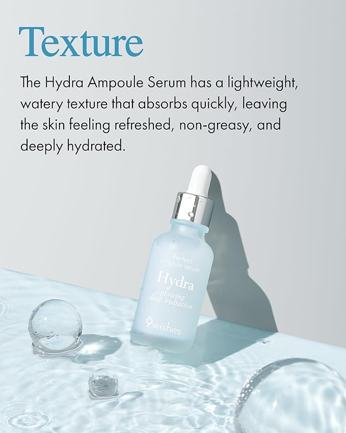9 Wishes Hydra Ampoule II (1.01 fl oz) – Award-Winning Hydrating Serum for Face with Hyaluronic Acid, 55% Coconut Water, 72-Hour Long-Lasting Moisture, Korean Glass Skin Effect