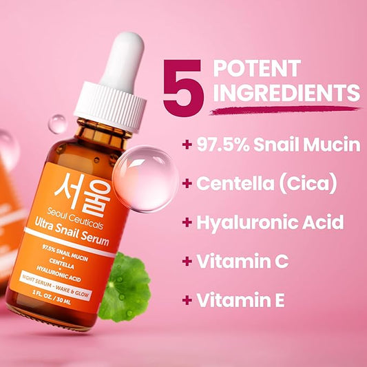 SeoulCeuticals Korean Skin Care 97.5% Snail Mucin Serum – K Beauty Skincare Anti Wrinkle Cica Night Serum Hyaluronic Acid for Face 1oz