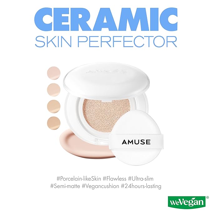 Amuse SEOUL Ceramic Skin Perfector Cushion Foundation (01 PORCELAIN) | Long-lasting, Lightweight, Semi-matte, Flawless Coverage, Hypoallergenic, Vegan, Korean Beauty (15g / 0.52oz.)