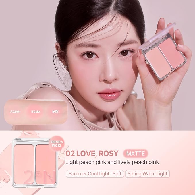 2aN Dual Color Face Blusher, Buildable & Blendable Cheek Color, Powder Blush, Korean Beauty (02 Love, Rosy, 1.5 oz)