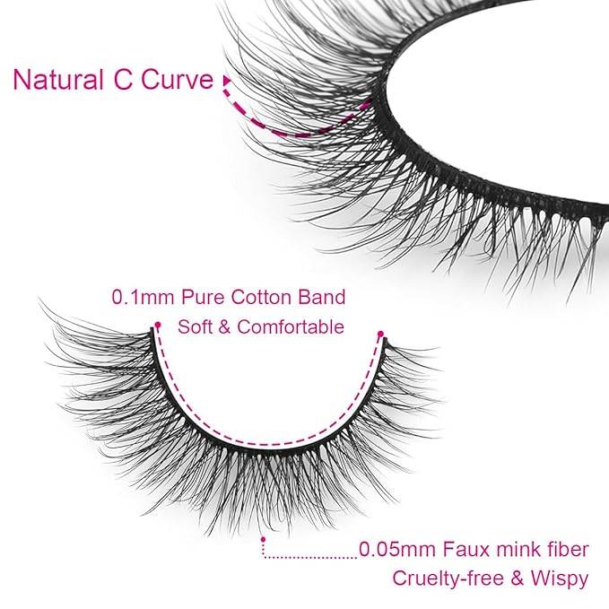Kiromiro Natural Lashes 10mm Wispy False Eyelashes Natural Look Faux Mink Wispies Eyelashes Soft Strip Lashes Pack (No Glue Included)