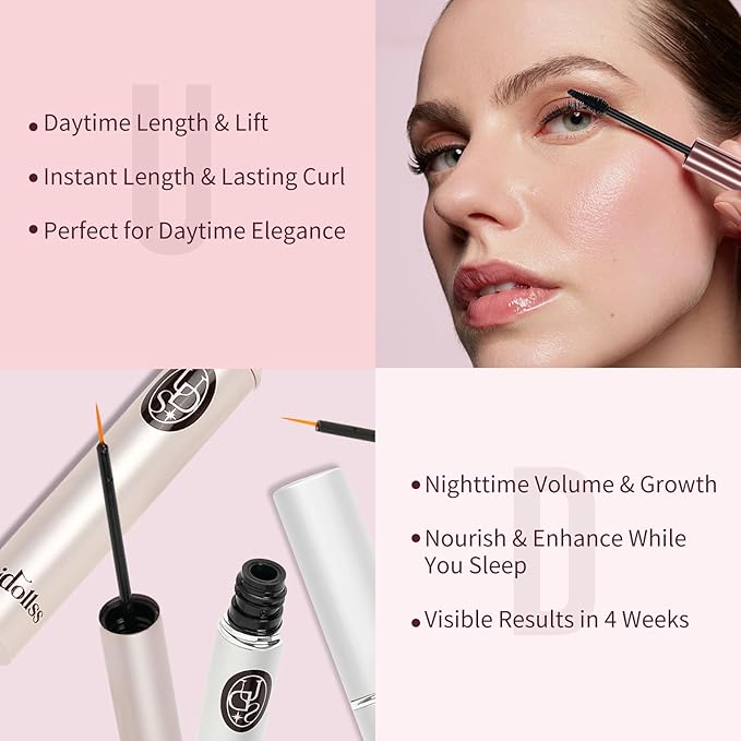 Unidollss Tubing Mascara Volume and Length Black and Lash Serum Set Lengthening Long Lasting All Day,Eyelash Growth Serum for Thicker,Longer Lash and Eyebrow,Tubing Mascara for 30+ Women,Gluten-free