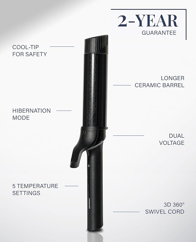 GLAMPALM Professional Curling Iron 1.6" - Long Barrel Ceramic Hair Curler for Women, Korea's No.1 Salon Hot Tool, 5 Temps & 30s Heat-up, 3D Swivel Cord & Dual Voltage, Black (GP628) (1.6")