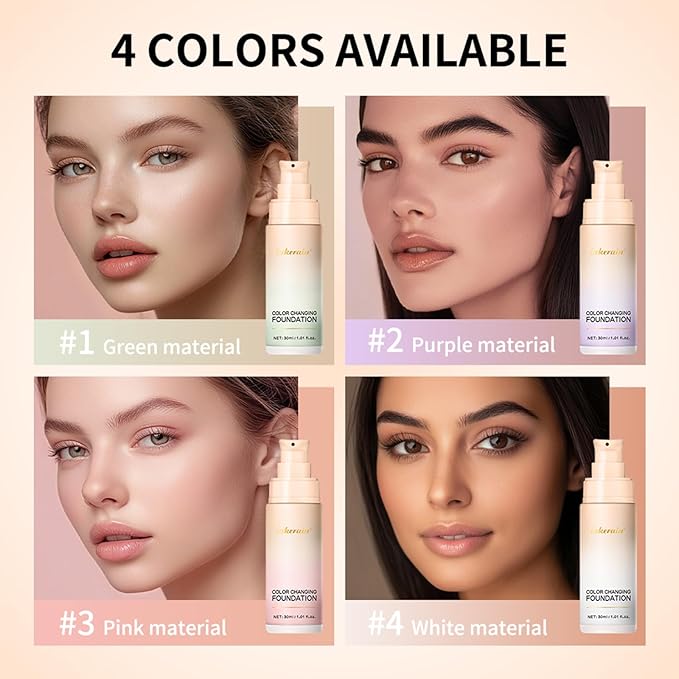 White-Color Changing Foundation, Color Correcting CC Cream with Centella Asiatica, Even Red Skin Tone, Lightweight, Non-Greasy, Moisturizing, Concealing, Natural Finish Concealer(1PCS)