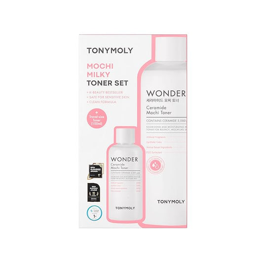 TONYMOLY Mochi Milky Toner Set – Hydrating Korean Toner with Ceramide, Cica, Panthenol & Hyaluronic Acid – Strengthens Skin Barrier, Soothes & Moisturizes – 500ml + 100ml Travel Size Duo