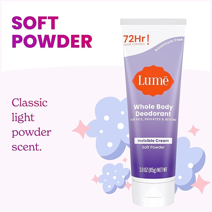 Lume Whole Body Deodorant - Invisible Cream Tube - 72 Hour Odor Control - Aluminum Free, Baking Soda Free, Skin Safe - 3.0 ounce (Soft Powder)