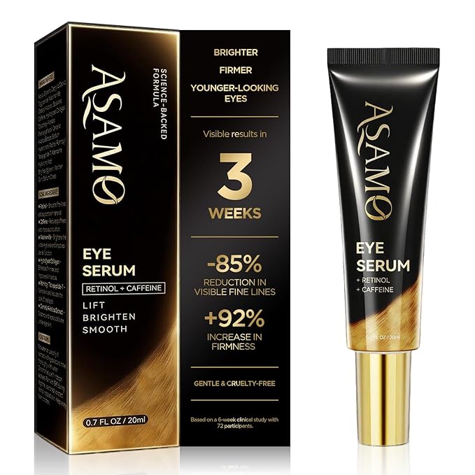 ASAMO Retinol&Caffeine eye serum, Fast Absorbing, Correction for Puffy Eye Bags Fine Lines Dark Circles Wrinkles, 48Hr Hydrating Under Eye Cream, 0.7fl.oz