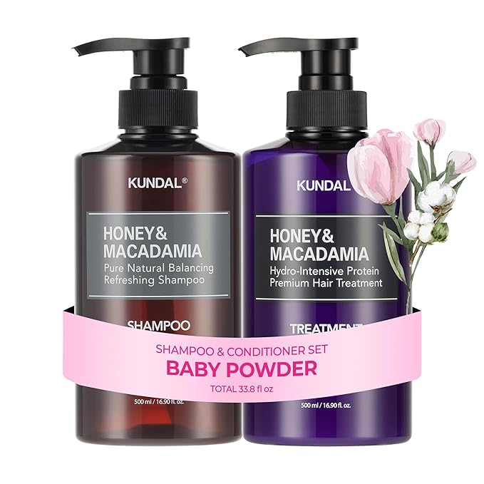 KUNDAL Korean Shampoo and Conditioner Set [Baby Powder] Salon-quality, Long Lasting Scent, Moisturizing, Sulfate-Free, Argan & Macadamia Oil, Korean Hair care, For all hair types, 16.9 fl oz each