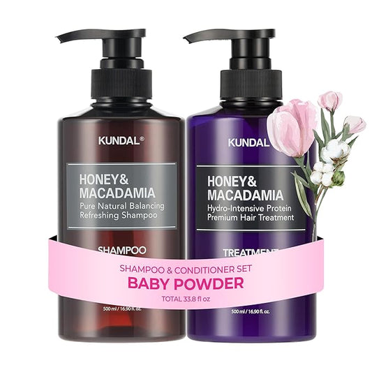 KUNDAL Korean Shampoo and Conditioner Set [Baby Powder] Salon-quality, Long Lasting Scent, Moisturizing, Sulfate-Free, Argan & Macadamia Oil, Korean Hair care, For all hair types, 16.9 fl oz each