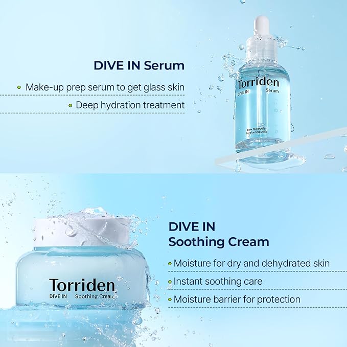Torriden DIVE IN Serum 1.69 fl.oz. + Soothing Cream (Jar) 3.38 fl.oz. | Hyaluronic Acid Care Set | Deep Hydrating Skin Care to Get Glass Skin