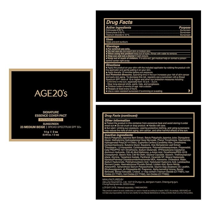 AGE20'S Signature Essence Pact SPF 50+ | Pack of 2 | 23 Medium Beige | Cream Foundation, Dewy Finish, Natural Coverage | Korean Cushion Foundation