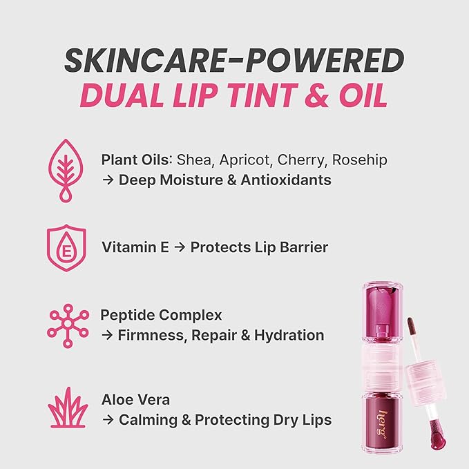 Epielle Herg Dual-Ended Korean Lip Tint & Lip Oil, Pinot Noir & Bubble Berry, Long-Lasting Matte Tint with Hydrating Lip Plumper, K-Beauty Makeup