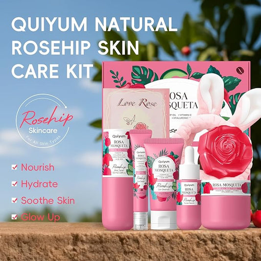 Rosehip Skin Care Sets, Gift Sets for Women, 6 Daily Routine Beauty Skincare- with Face Cleanser, Toner, Eye Cream, Cream, Serum, Handmade Soap, Facial Skin Care Product for Travel