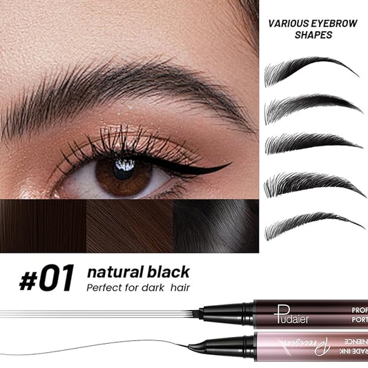 Curved Eyebrow Pen, 2 in 1 Dual Ended Microblading Eyebrow Pencil, Waterproof and Last All Day 4 Tip Brow Pencil with Precise Tip, Create Natural Hair Like Brows and Eyeliner (Natural Black)