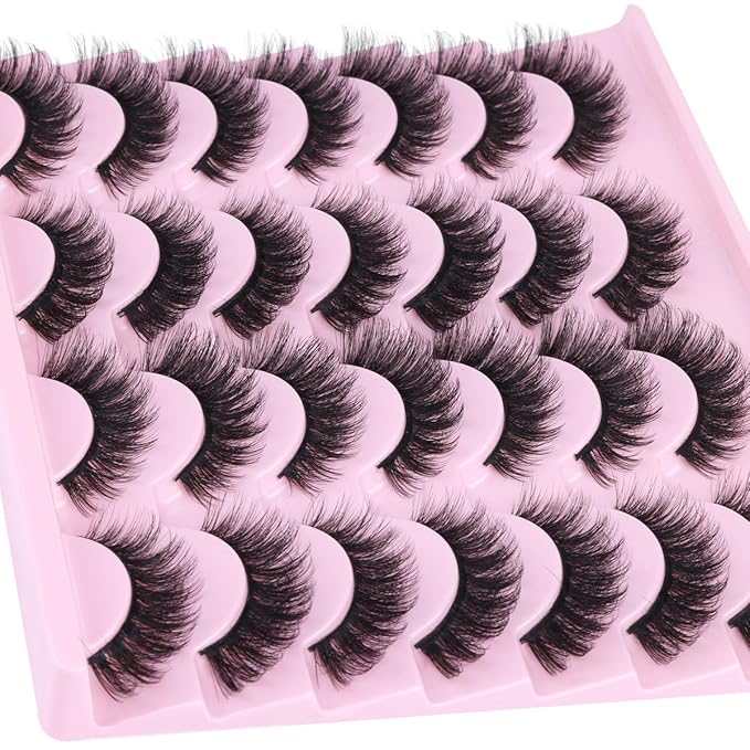 False Eyelashes D-Curl Faux Mink Lashes Fake Lashes Extensions Wispy Lash Soft Russian Strip Eyelashes Pack, 14 Pairs