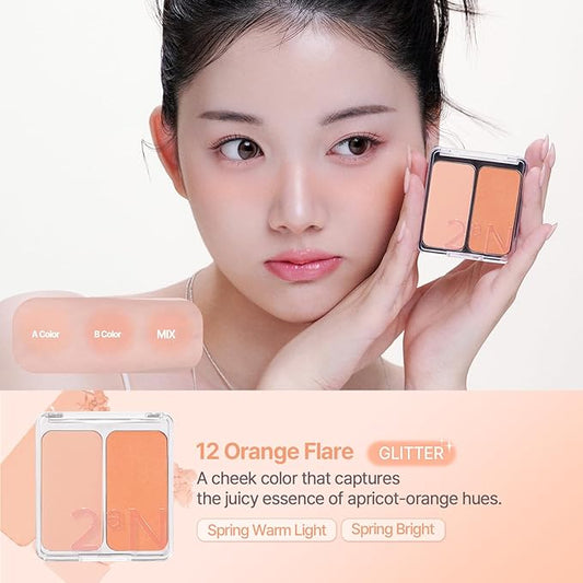 2aN Dual Color Face Blusher, Buildable & Blendable Cheek Color, Natural & Vibrant Finish, Long-Lasting Powder Blush, Blends Easily with Natural Skin Tones, Korean Beauty (12 Orange Flare)