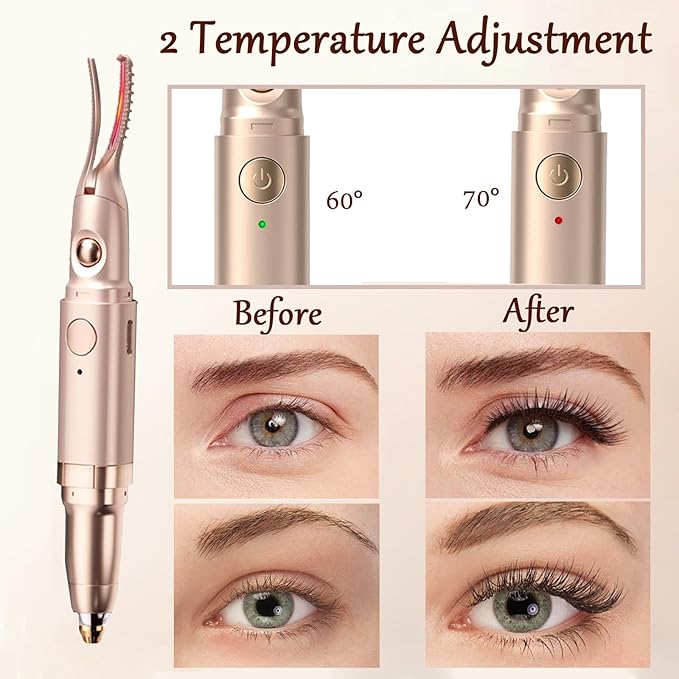 2 in 1 Heated Eyelash Curlers and Eyebrow Trimmer for Women, Electric Eyelash Curler with 2 Temperature Modes Anti-Burn USB Rechargeable Heated Eyelash Curler, Ideal Gift for Women (Gold)