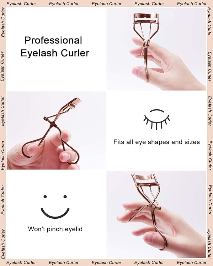Eyelash Curler Kit Metal Lash Curlers with Mascara Applicator Eyelashes Separator Comb & 6 Replacement Refill Pads (Rose Gold)