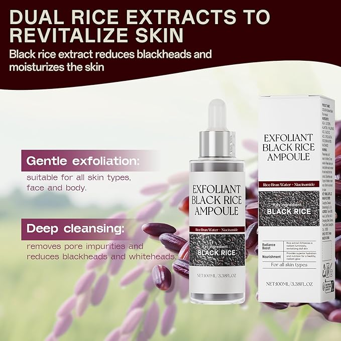 2-Pack Black & White Rice Exfoliating Ampoule, Gentle Rice Peel Facial & Body Treatment, Korean Skincare for All Skin Types with Dual Rice Enzymes