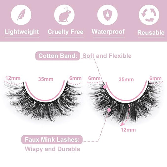 False Eyelashes Natural Look Faux Mink Lashes 12mm Short Wispy Lashes 5D Volume Strip Eye Lashes Pack by Kiromiro