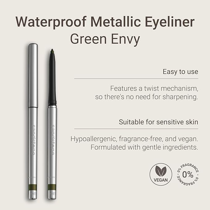 Sandstone Scandinavia Hypoallergenic Waterproof Eyeliner - Fragrance Free Metallic Eye liner - Vegan and Cruelty Free Eye Pencil - Eyeliner Pencil for Sensitive Eyes (Green Envy)