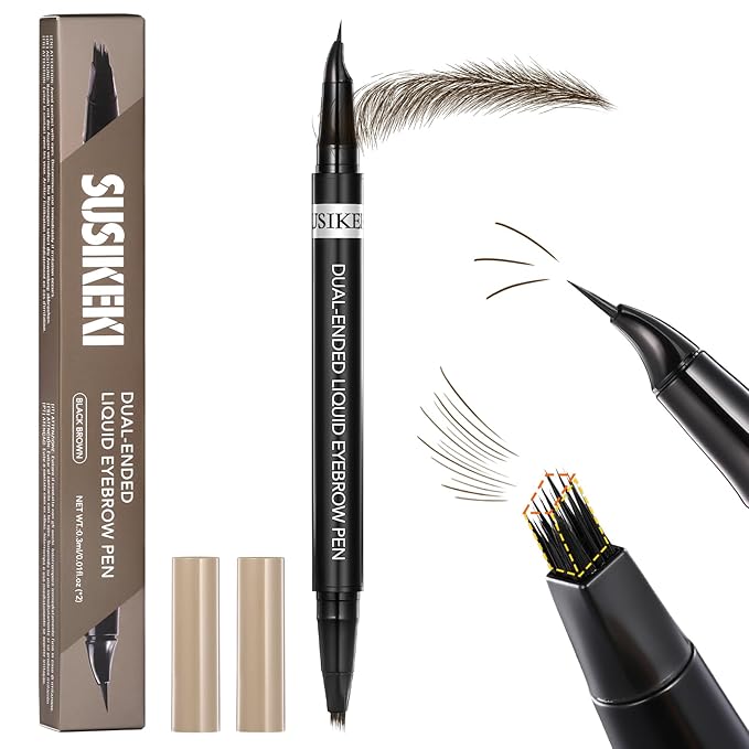 Dual-Ended Microblading Eyebrow Pencil for Women, 2 in 1 Liquid Eyebrow Pencil with Curved Tip and 4D Brow-Fection Microblading Pen, Shaped Fill HairLike Waterproof Lasting Eyebrows 04 Black Brown