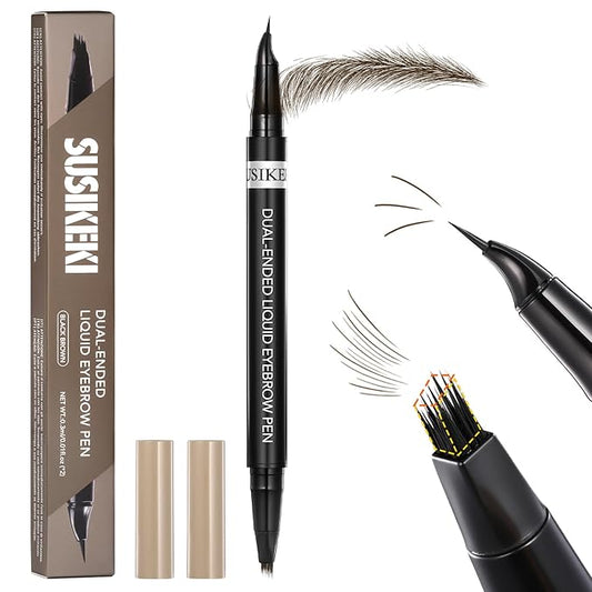Dual-Ended Microblading Eyebrow Pencil for Women, 2 in 1 Liquid Eyebrow Pencil with Curved Tip and 4D Brow-Fection Microblading Pen, Shaped Fill HairLike Waterproof Lasting Eyebrows 04 Black Brown
