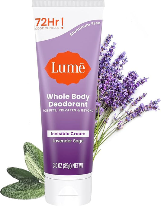 Lume Whole Body Deodorant - Invisible Cream Tube - 72 Hour Odor Control - Aluminum Free, Baking Soda Free, Skin Safe - 3.0 ounce (Lavender Sage)