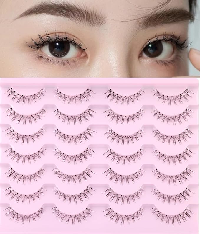 False Lashes Natural Look Short False Eyelashes Wispy 100% Handmade Clear Band Lashes Cat Eye Korean Faux Mink Strip Eyelashes Pack 14 Pairs