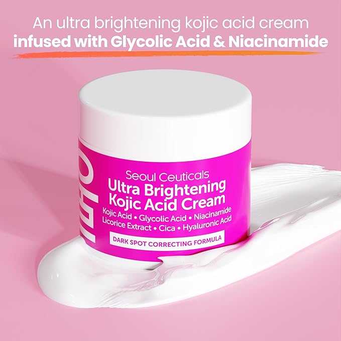 SeoulCeuticals Korean Kojic Acid Cream Dark Spot Remover + Glycolic Acid + Niacinamide + Cica + HA Moisturizer - Cruelty Free K Beauty Skincare 2oz