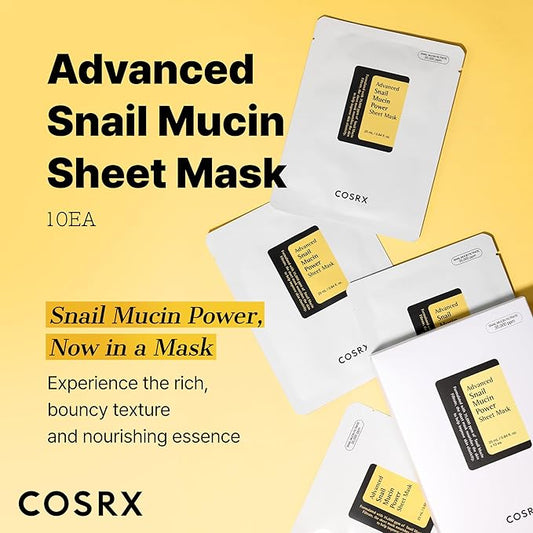 COSRX Snail Mucin Sheet Mask 10 EA with Snail Mucin Serum, Self Care, Face Masks for Dry, Sensitive Skin, Not Tested on Animals, No Parabens, No Sulfates, Korean Skin Care