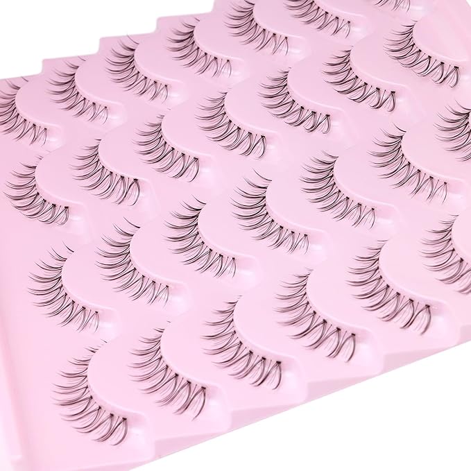 False Lashes Natural Look Short False Eyelashes Wispy 100% Handmade Clear Band Lashes Cat Eye Korean Faux Mink Strip Eyelashes Pack 14 Pairs