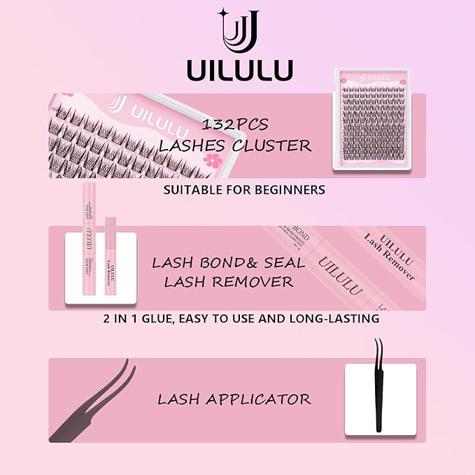Lash Clusters kit 10-18mm DIY Lash Extension Kit 132 D Curl Lash Clusters 0.07D Wispy Individual Lashes Clusters False Eyelashes Natural Eye Lash Kits Extensions Kit U09 Kit