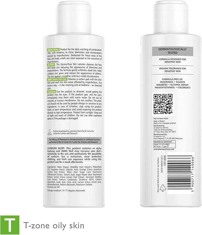Pharmaceris Face & Body Breakout Solution - 3% Mandelic Acid Helps Clarify Blemish & Acne Prone Skin, Face, Back & Chest Pimples Exfoliating & Clearing Treatment, SEBO-ALMOND-CLARIS, 6.42 fl oz