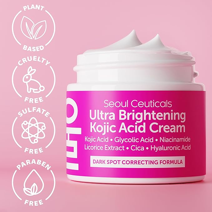 SeoulCeuticals Korean Kojic Acid Cream Dark Spot Remover + Glycolic Acid + Niacinamide + Cica + HA Moisturizer - Cruelty Free K Beauty Skincare 2oz