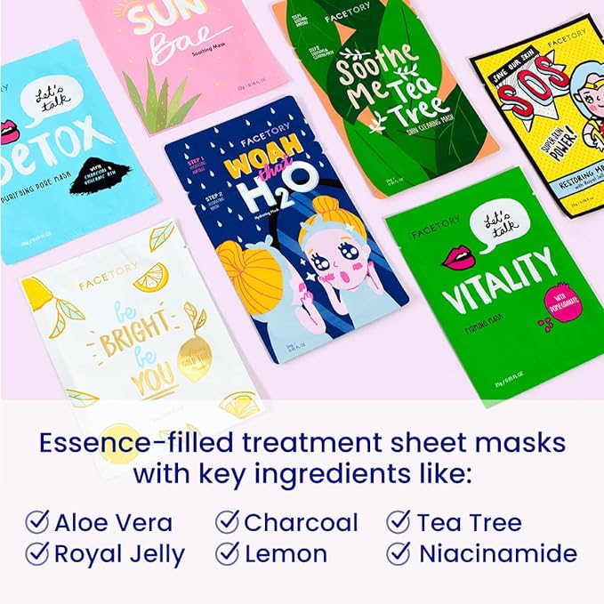 FACETORY K Beauty Face Mask Skin Care - BEST OF 7 COLLECTION Sheet Mask Set (21 pc) | Natural Premium Korean Face Mask For All Skin Types - No Sulfates No Parabens